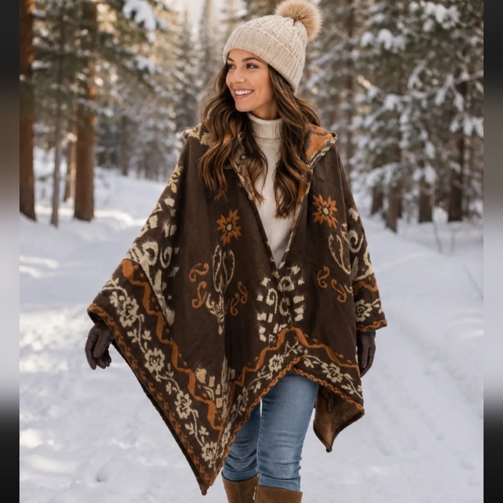Free People Rown Printed Duster Poncho - OS - BROWN - Excellent